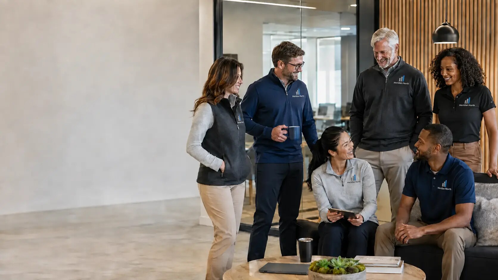 Corporate team wearing premium custom embroidered company apparel