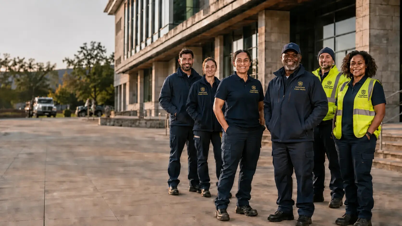 Municipal public service team wearing custom public works uniforms