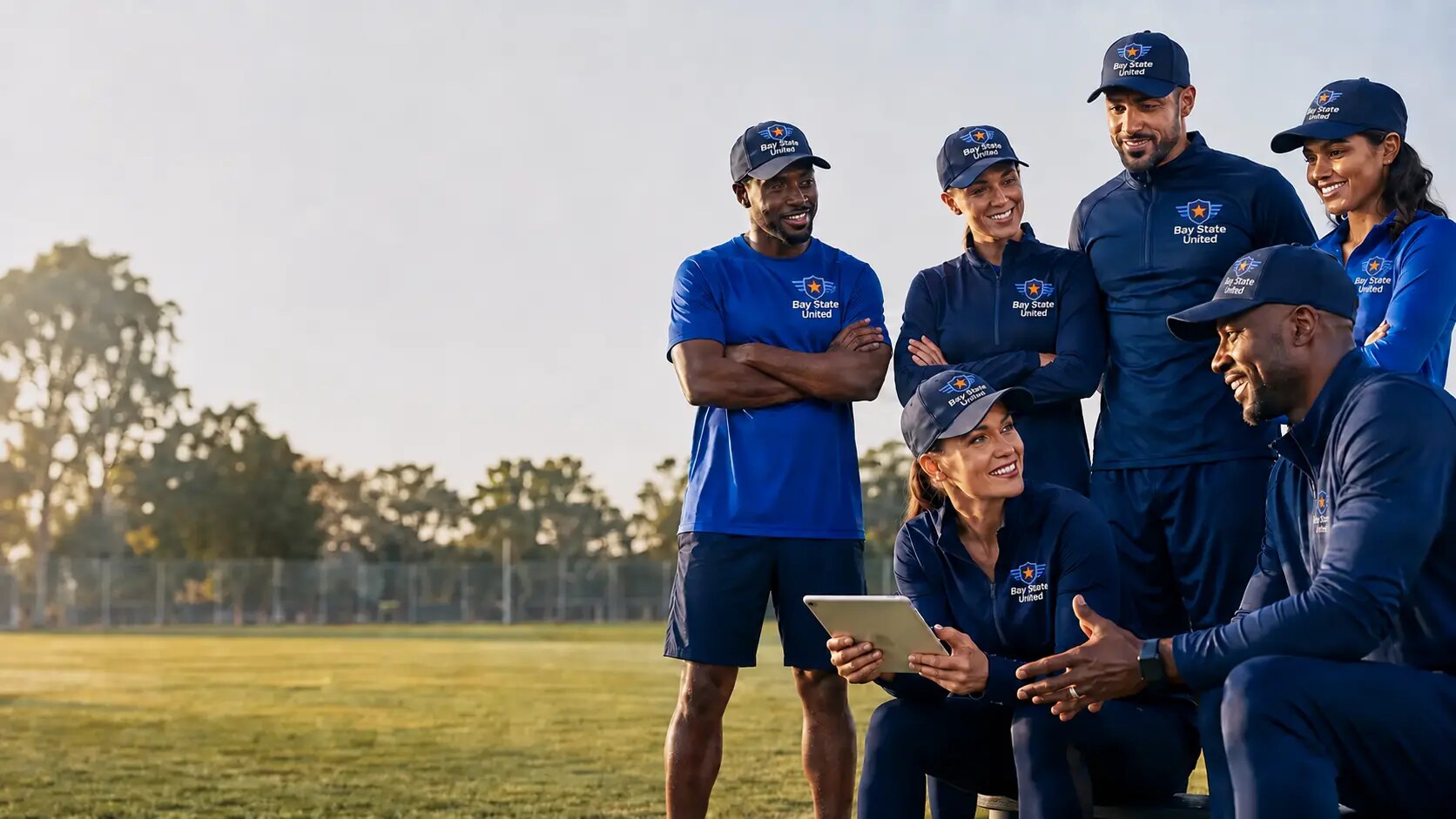 Sports team wearing custom embroidered performance apparel and hats